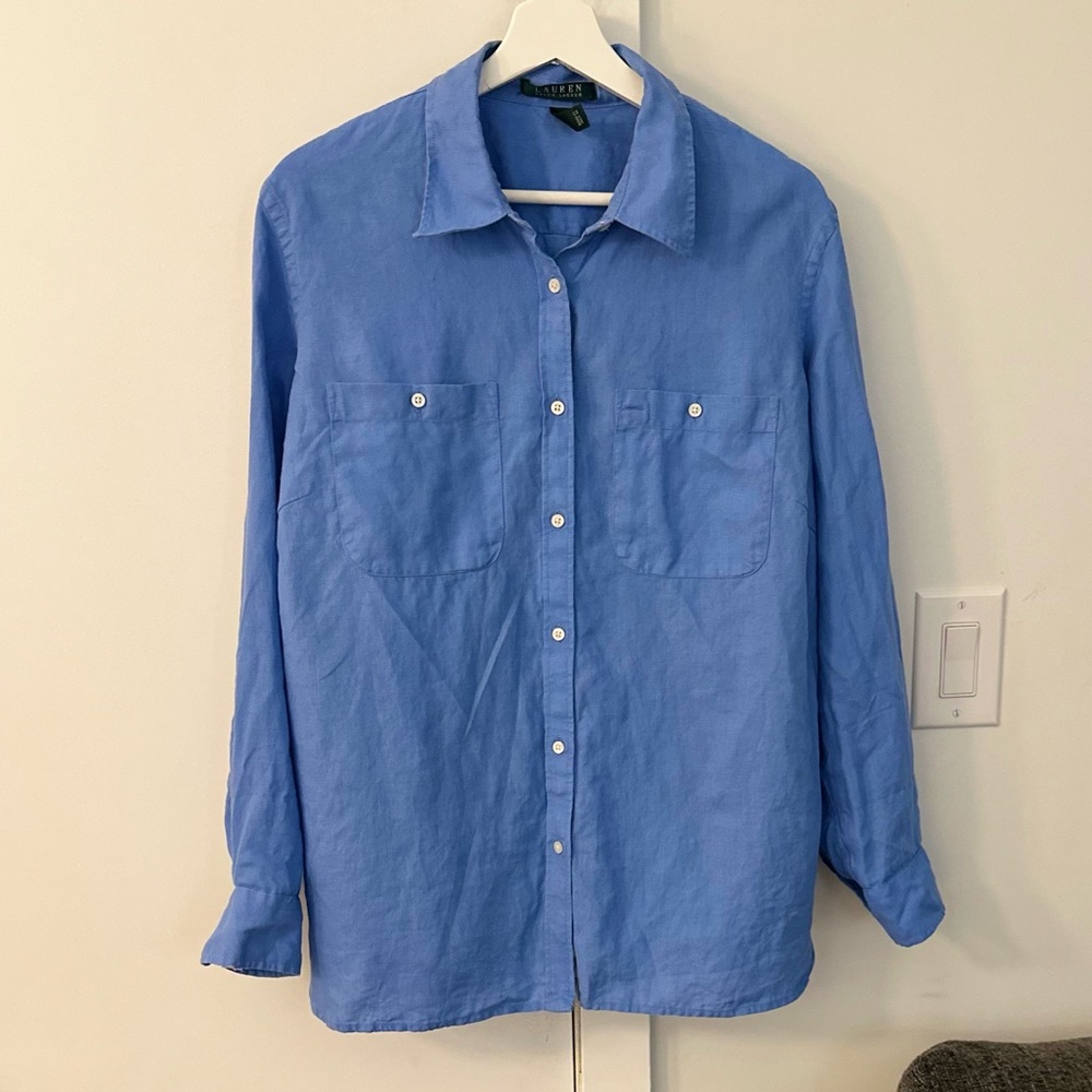 Lauren Ralph Lauren‎ Classic Blue Shirt 100% Linen XL Preppy Old money